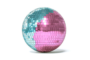 Disco ball with pink and teal mirrors on a bright white background