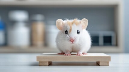 Fototapeta premium Cute White Hamster with Orange Markings Sitting on Wooden Platform