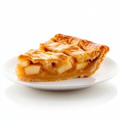 Delicious Slice of Homemade Apple Pie on White Plate Isolated on White