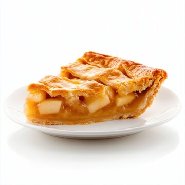 Delicious Slice of Homemade Apple Pie on White Plate Isolated on White