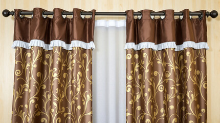 elegant brown curtains with gold leaf and white ruffled trim