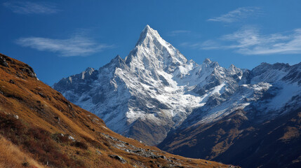 Fototapeta premium Majestic snow covered mountain peak rises dramatically against a vibrant blue sky, its slopes contrasting with the surrounding rugged, brown landscape in Nepal.