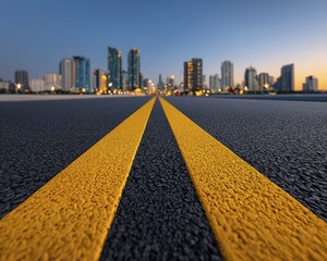 Empty asphalt road leading to vibrant Bangkok skyline at night High-resolution image for various design projects - modern exposure long lights at
