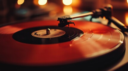 Red Vinyl Record Spinning on Turntable, Warm Evening Ambiance