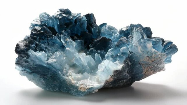Large blue celeste crystal mineral specimen on a white backdrop, crystalline structures, geological formation, mineralogy sample, gemology exhibit, beautiful texture, studio shot