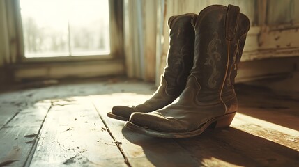 Pair of worn cowboy boots on wooden floor.