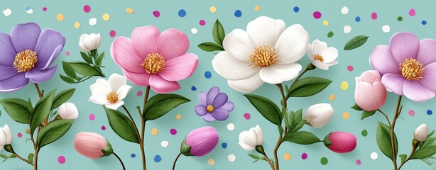 Pastel Camellia Blossoms and Confetti on Teal Background,International Day Against Homophobia