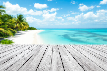 Fototapeta premium white wooden planks overlooking a tranquil tropical beach scene