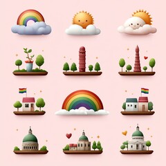 Whimsical 3D Illustrations Rainbow, Sun, Plants and Buildings on Pink,International Day Against Homophobia