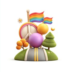 Whimsical 3D Render of a Miniature Landscape with Rainbow Flags and Peace Symbols,International Day Against Homophobia