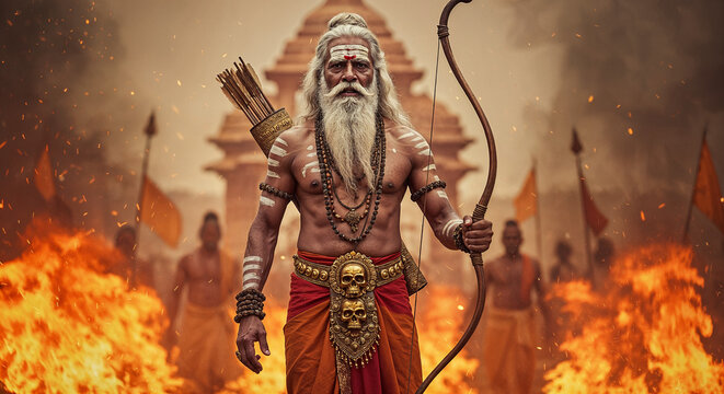 Arjuna from Mahabharata in White Hair and Indian Armor Holding Bow at Ancient Temple