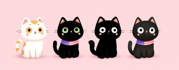 Adorable Pixel Art Kittens White and Black Cats with Bandanas on Pink Background,International Day Against Homophobia