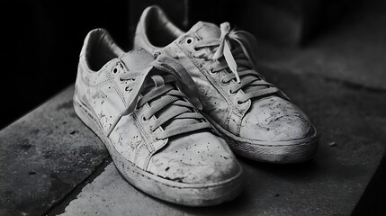 Close-up monochrome view of worn athletic shoes.