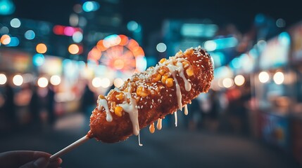 Corn dog in hand at fair, with lights background
