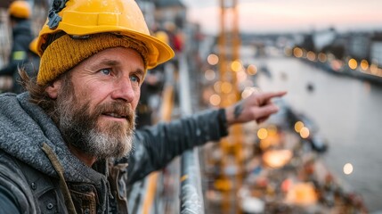 Construction Worker Pointing at a Site During Sunset Wearing Safety Gear and Reflective Jacket