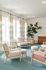 Fototapeta premium pastel-colored armchairs and ottomans arranged in a bright waiting area