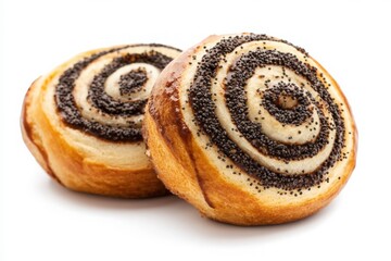 Two sweet buns with poppy seeds on a white background golden brown and delicious