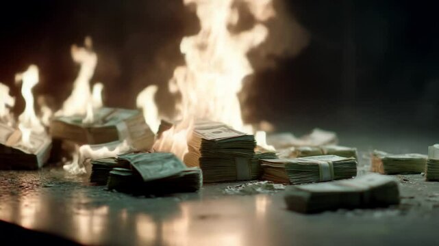 Burning stacks of money dramatic financial loss