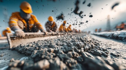 Construction Workers in Action Pouring and Smoothing Concrete on a Sunny Day