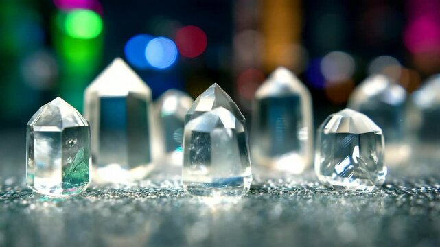 A collection of quartz crystal points arranged against blurred bokeh background, sparkling faceted gemstones on a shimmering surface, spiritual healing