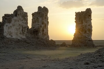 Ruined, light-colored stone pillars at sunset, on a dry, flat plain.  Eroded remnants of a structure, in the foreground,  cast in warm, golden light