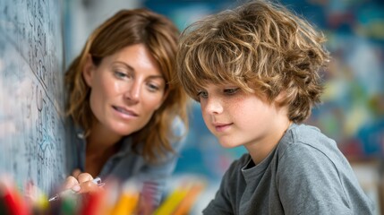 Educational Guidance A Teacher Assisting a Student in Learning and Writing