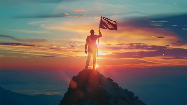 Silhouette of a businessman planting a flag on a mountain peak at sunset, symbolizing success and achievement