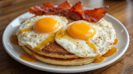 A Hearty Breakfast Spread: A delicious plate of pancakes topped with sunny-side-up eggs, crispy bacon, and a golden drizzle of syrup, ready to tantalize your taste buds.