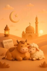 3D rendered Cow and Sheep resting peacefully in a desert landscape with a mosque and crescent moon, symbolizing Eid al-Adha celebrations and Islamic harmony.