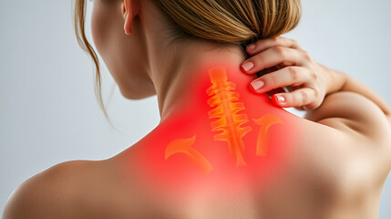 woman having muscle painful pain syndrome shoulder and neck pain.  rheumatism, fibromyalgia ,  cervical spine. scapular pain.