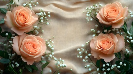 Peach Roses with Baby's Breath on Beige Fabric
