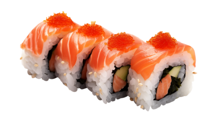 A row of salmon sushi rolls topped with tobiko isolated on transparent background	