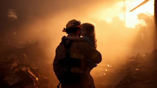 Firefighter saving child during fire disaster rescue