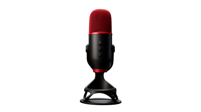 Isolated microphone with red mesh top and control buttons on the side isolated on transparent background	