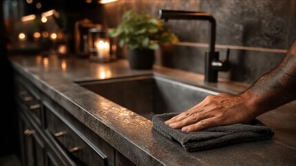 Hand Cleaning Modern Kitchen Countertop with Cloth Hygiene and Maintenance in a Stylish Home S
