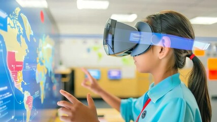 Curious Schoolgirl Exploring Virtual Reality in Futuristic Classroom - Powered by Adobe