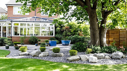 serene backyard landscape with lush greenery and river rocks