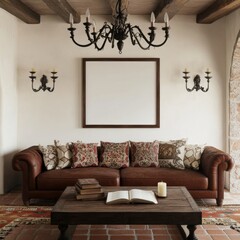 A brown couch with pillows on it sits in front of a coffee table. A book is on the table and a candle is lit. A large chandelier hangs above the couch