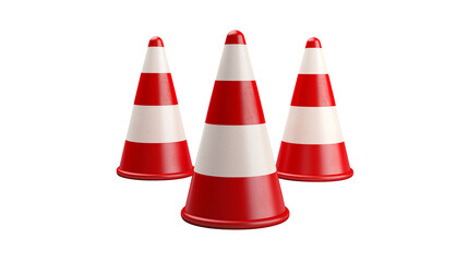 Three red and white striped traffic cones arranged in a triangular form isolated on transparent background	