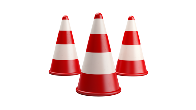 Three red and white striped traffic cones arranged in a triangular form isolated on transparent background	