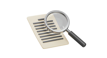 Paper sheet with magnifying glass in 3D style isolated on white background, ideal for file searching, research visuals, auditing tools, and investigative digital content illustrations