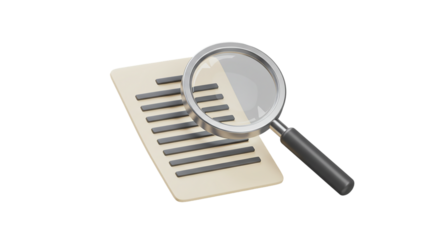 Paper sheet with magnifying glass in 3D style isolated on white background, ideal for file searching, research visuals, auditing tools, and investigative digital content illustrations