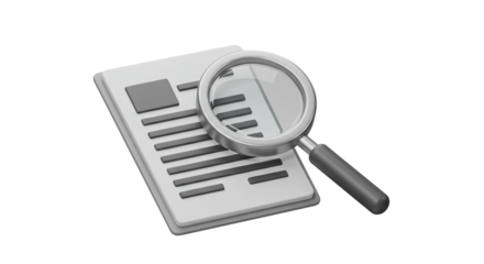 3D document icon with magnifying glass placed over text isolated on white background, perfect for search features, content inspection, data review, and analytical tool interface design