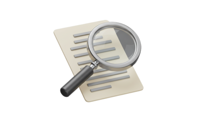 3D isometric document with magnifying glass icon isolated on white background, suitable for file exploration, research apps, analysis features, and document-based review illustrations