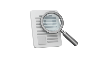 3D search icon with magnifier over white document sheet isolated on white background, perfect for file searching, data analysis visuals, review system graphics, and web inspection design