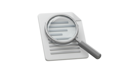 Magnifying glass examining document icon in 3D style isolated on white background, suitable for search features, analytics tools, data investigation, and research content illustration