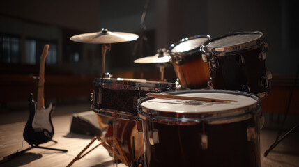 Obraz premium A set of drums and an electric guitar stand ready on stage in a darkened room, promising an evening of music and vibrant performance to an eager ence.