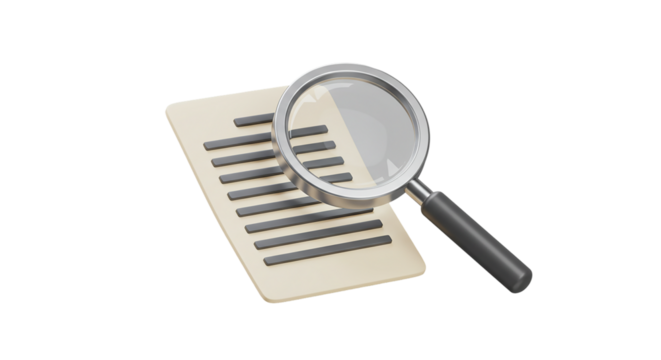 Paper sheet with magnifying glass in 3D style isolated on white background, ideal for file searching, research visuals, auditing tools, and investigative digital content illustrations