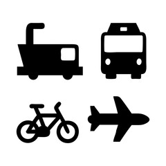 Vector illustration of simple monochromatic vehicle and transport related icons.Transportation and vehicle icons pack. Isolated transportation and vehicle symbols collection. Graphic icons element
