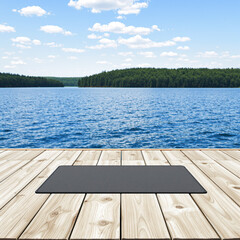 Obraz premium dark gray mat on wooden deck overlooking peaceful lake